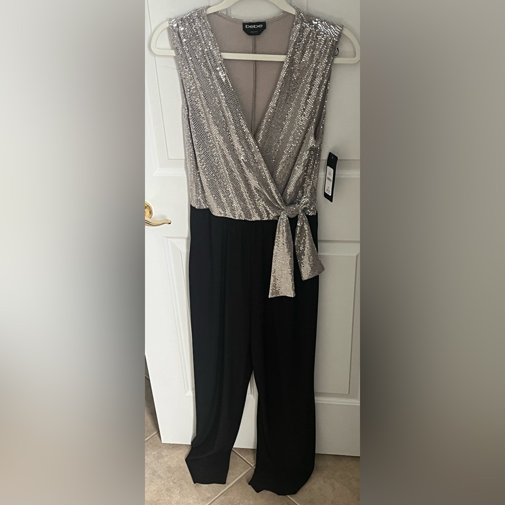Bebe Silver Sequin and Black Jumpsuit